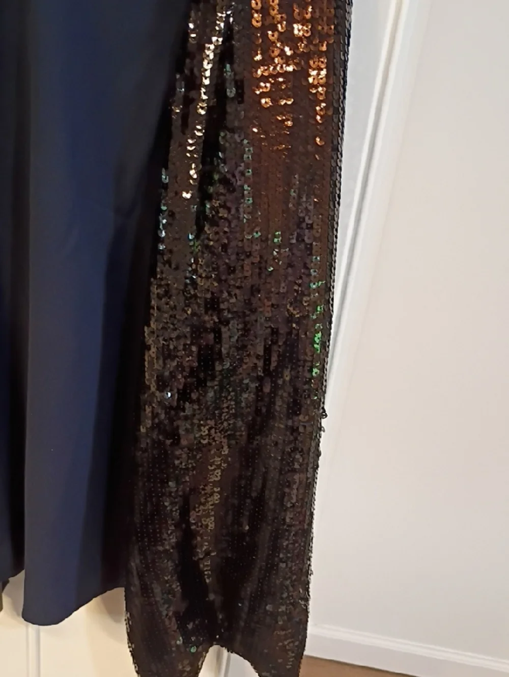 J. Crew Women's Navy Top with Black Sequin Sleeves